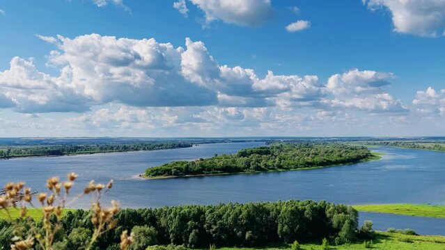 Picturesque view of the Kama River from the observation deck at the Yelabuga settlement. The movement of clouds over the river. Lower Kama National Park. Yelabuga, Republic of Tatarstan, Russia, 4K