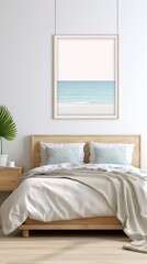 Fototapeta na wymiar ocean home, bedroom art art seashore, in the style of light cyan and light beige, light pink and light brown, minimalist imagery, realistic seascapes, organic simplicity