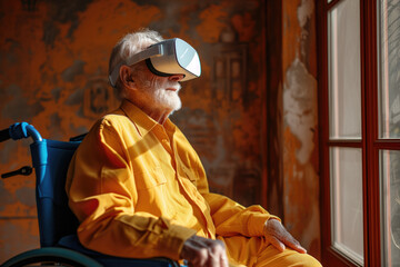 Fototapeta na wymiar An elderly man in a wheelchair immerses in virtual reality, a blend of modern technology with timeless human curiosity.