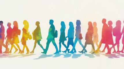 different portraits of people walking with colors and silhouettes, in the style of digitally enhanced