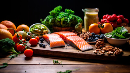 Wooden table with foods rich in vitamin B and omega-3. Fish, nuts, vegetables, herbs, berries, oranges