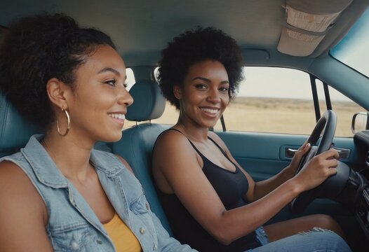 A picture of pretty young women driving a car during a road trip on a beautiful summer day.