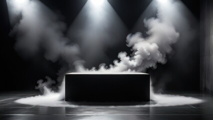 Podium black dark smoke background product platform abstract stage texture fog spotlight. Dark black floor podium dramatic empty night room table concrete wall scene place.   generative, ai.