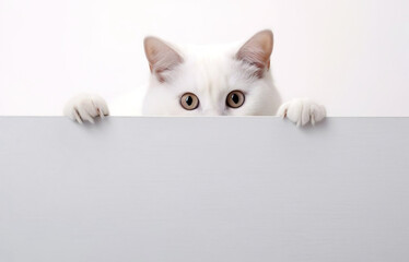 Cute cat peeking, looking from behind paper wall, board for advertising, promotion banner