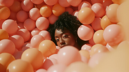 Fototapeta na wymiar Editorial black african american model make-up in a peach fuzz ball pit. Surreal & dreamy peach concept. AI generated