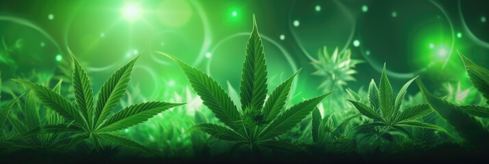 Fototapeta na wymiar Marijuana plants on background. Green background with hemp leaves. Wide format