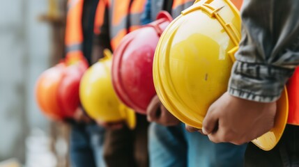 A close-up photo of construction workers holding their safety helmets, which are yellow and orange.