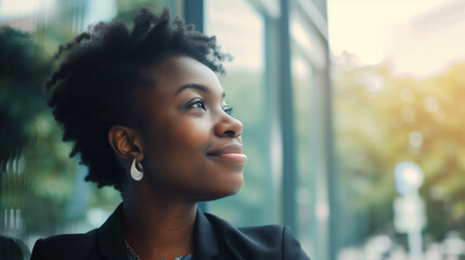 Side profile portrait of a smiling black businesswoman looking into the distance. Copy space. AI generated - obrazy, fototapety, plakaty