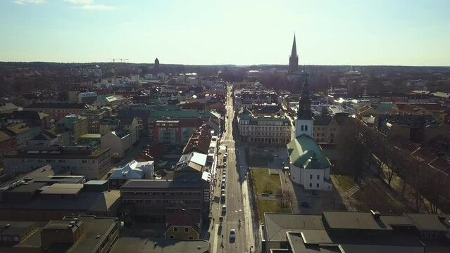 Aerial view of old historical Linkoping city in Sweden. European architecture in Scandinavian town