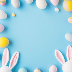 Naklejka na ściany i meble Easter party concept. Top view photo of easter bunny ears white pink blue and yellow eggs on i blue background