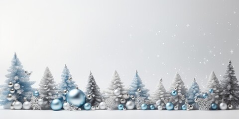 Silver and blue decorated Christmas tree banner with lights on white background, providing space for text.