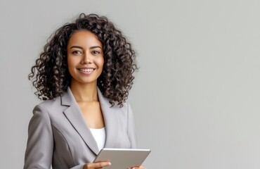 portrait of beautyful and confident business woman teacher in suit holding tablet on gray background with copy space