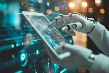 A robotic arm engages with a futuristic touchscreen display, its mechanical fingers poised over glowing icons and data analytics, suggesting cutting-edge technology and artificial intelligence
