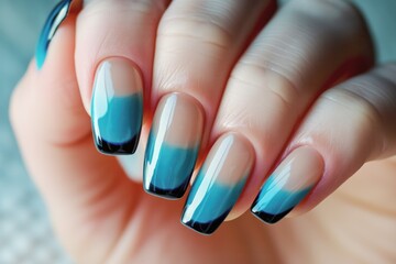 female hand with blue nail design art, manicure fingernail nail design abstract