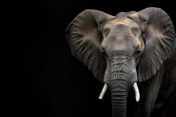 close up of an elephant head on black background, copy space