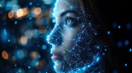 human face in blue colors, concept of artificial intelligence