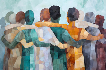 Illustration of a group of people standing together, arms around each other, hugging and holding hands. This emotionally complex scene symbolizes the concept of togetherness and tolerance.