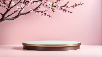 Round podium platform stand for product presentation and spring flowering tree branch with pink cherry blossom flowers on pastel background. Front view.  generative, ai.