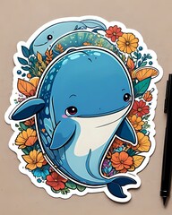 Illustration of a cute Blue whale sticker with vibrant colors and a playful expression