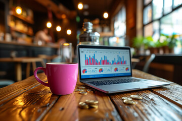 Ordinateur portable de travail dans un café avec des courbes et graphiques à l'écran, audit et rapport d'analyse, reporting et indicateurs de mesure de performance d'entreprise, gestion et finance