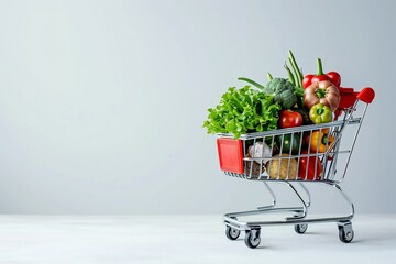 Full shopping grocery cart on a light background, copy space, banner background