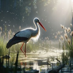 Fototapeta premium Unique stork wildlife shots searching for food in water pond