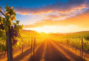 Vineyards at sunset in autumn harvest ripe grape