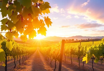 Vineyards at sunset in autumn harvest ripe grape