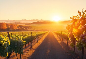 Vineyards at sunset in autumn harvest ripe grape