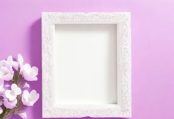 White wooden photo frame with purple flowers on