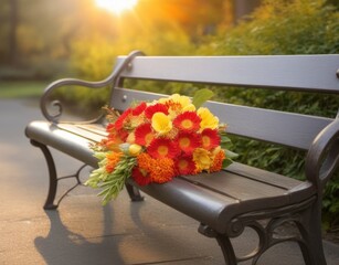 Bouquet of flowers on a park bench