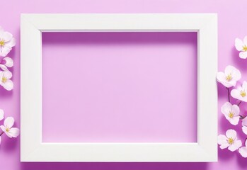 White wooden photo frame with purple flowers on