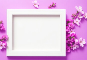 White wooden photo frame with purple flowers on
