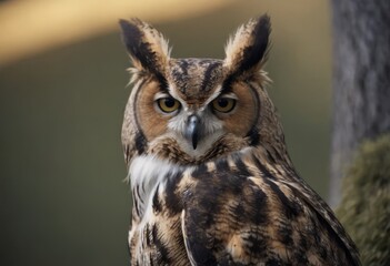 Fototapeta premium An Eurasian Eagle Owl staring at something out of shot in a woodland setting.