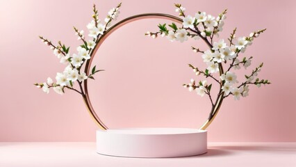 Round podium platform stand for product presentation and spring flowering tree branch with white blossom flowers on pastel background. Front view.  generative, ai.