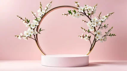 Fotobehang Round podium platform stand for product presentation and spring flowering tree branch with white blossom flowers on pastel background. Front view.  generative, ai. © Oleks Stock