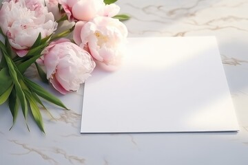 blank white sheet of paper mock up with pastel pink peony flowers on the marble table with morning light. Romantic Valentines day card note mockup.