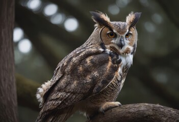 An Eurasian Eagle Owl staring at something out of shot in a woodland setting.