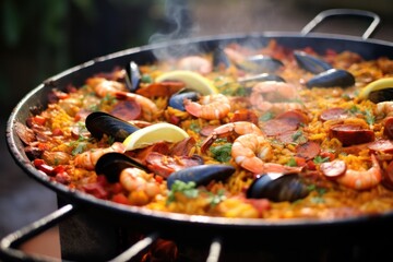 paella with seafood closeup on frying pan with lemon, shrimp and mussels smoking hot. Sunday family tradition in Spain. Rice with prawns and shellfish. 