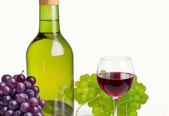 wine bottle glass and grapes isolated on white