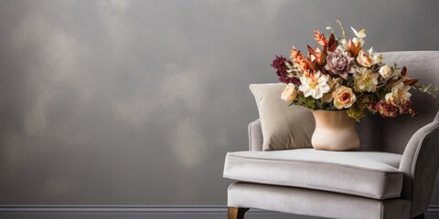 Floral arrangement on gray chair in living room.