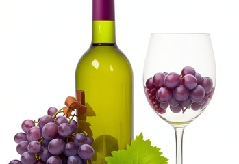 wine bottle glass and grapes isolated on white