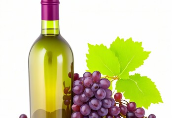 wine bottle glass and grapes isolated on white