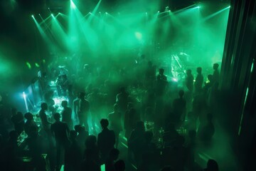 people dancing at nightclub with green emerald neon light aerial view. Night life, party and clubbing.