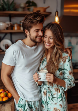 a young couple of lovers, a man and a woman in pajamas drinking coffee in the kitchen, breakfast, morning, guy and girl, boyfriend, girlrend, love, romance, family, relationship, happiness, cozy home