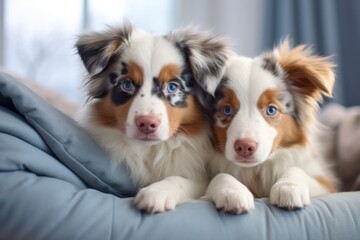 cute puppies of Australian shepherd purebred dog with blue eyes at minimal home interior