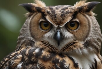 An Eurasian Eagle Owl staring at something out of shot in a woodland setting.