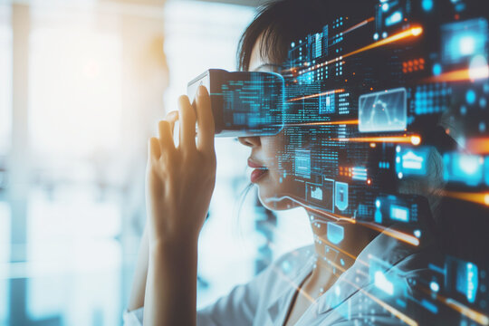 Woman experiences advanced virtual reality, digital interface surrounds her with futuristic tech visuals
