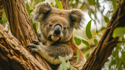 Fototapeta premium Tree-dwelling species like koalas confront heightened risks due to severe storms and cyclones, which disrupt their habitats and reduce food availability