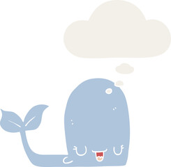 cartoon happy whale and thought bubble in retro style